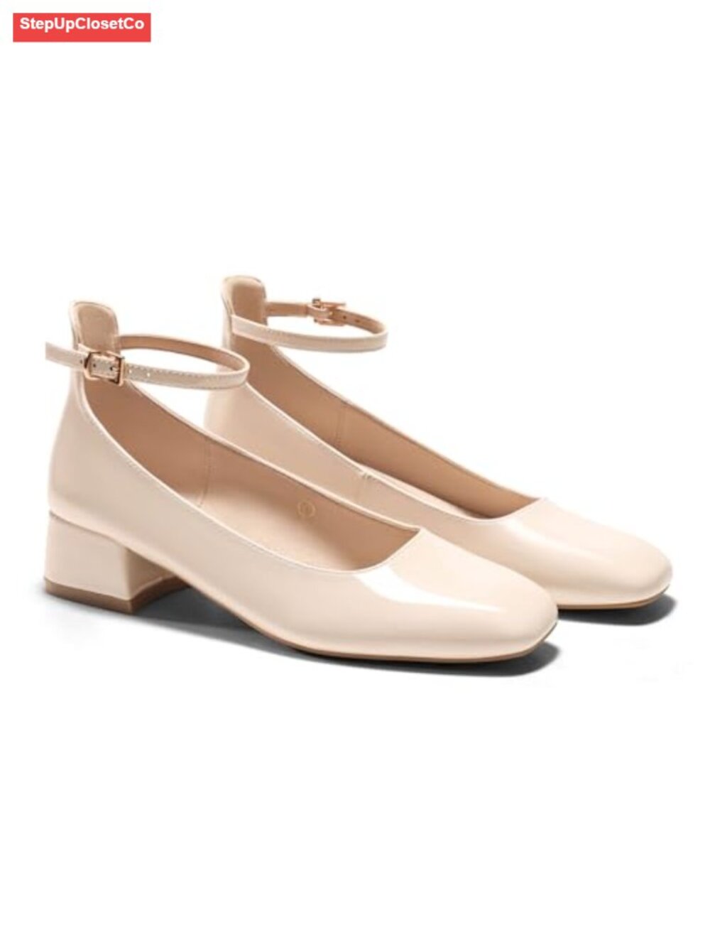 Patent Leather Chunky Low Heel Square Toe Ankle Strap Pumps